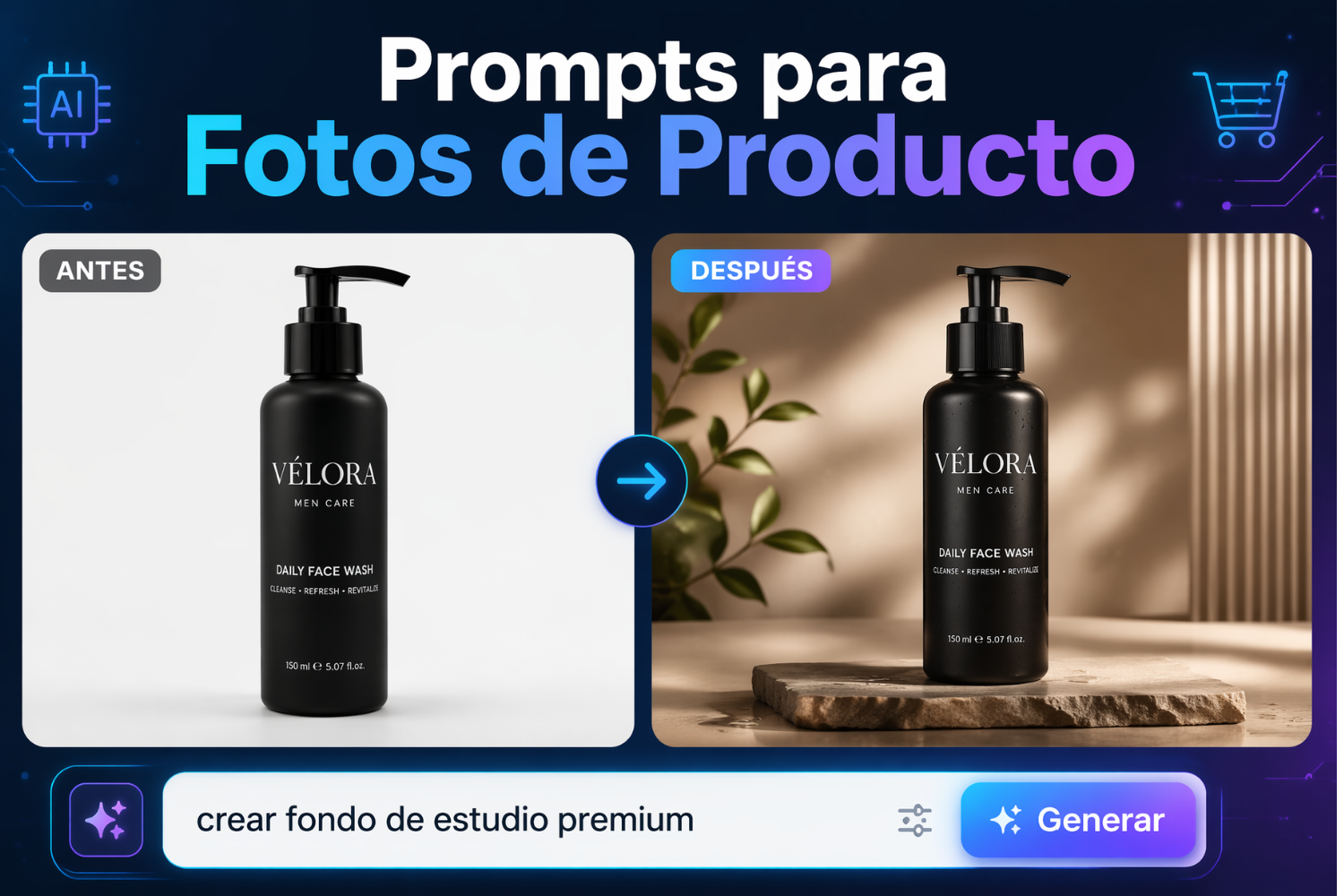 Prompts para fotos de producto con IA 2026: 15 ideas para e-commerce